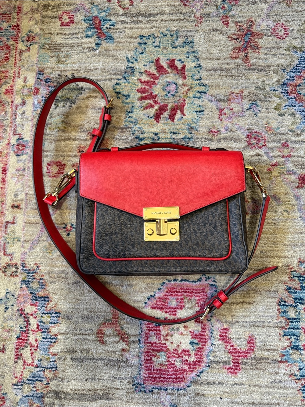 Michael Kors Red and Brown Monogram Flap Crossbody